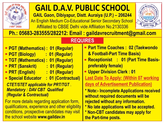 GAIL D.A.V. Public School Teaching & Non-Teaching Recruitment 2024